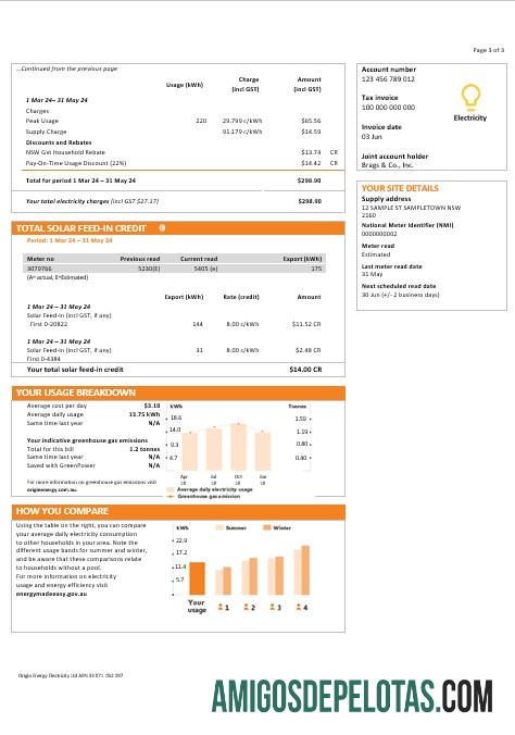 para download Austrália Nova Gales do Sul (NSW) Origem Modelo de conta de serviços públicos de eletricidade em formato Word e PDF de 3 páginas
